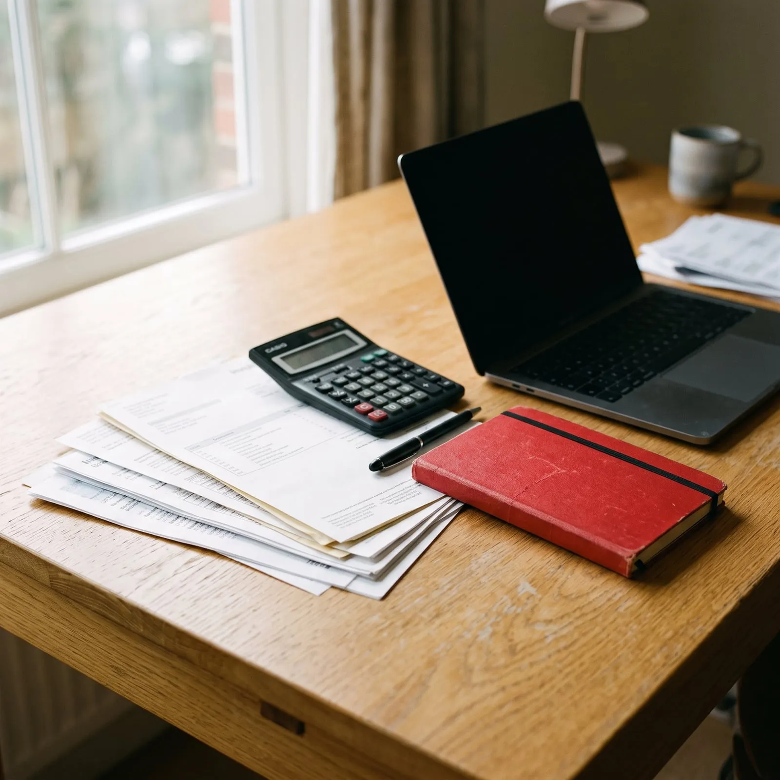 Bank statements, a calculator and a notebook on a desk